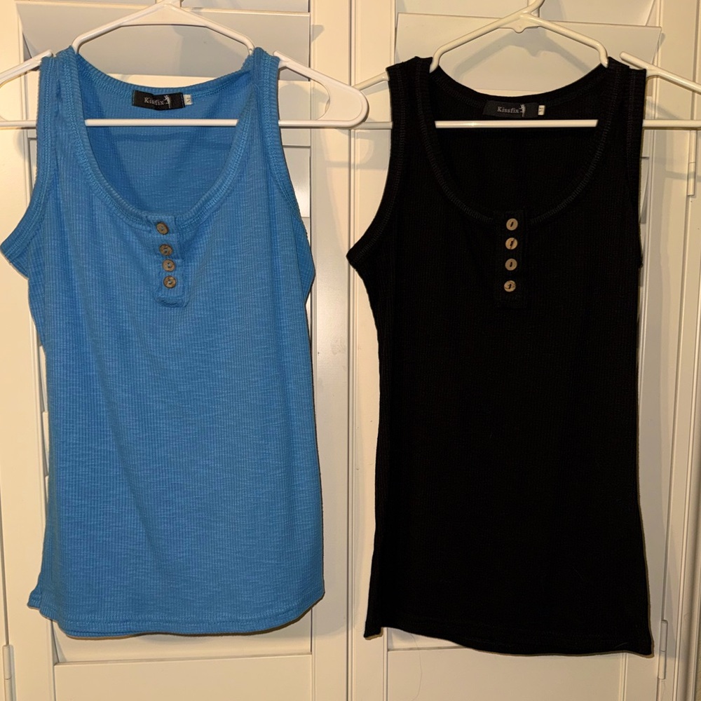 2 shirts in Total:Kissfix Woman’s Tank Tops Ribbed Button Front Blue and Black